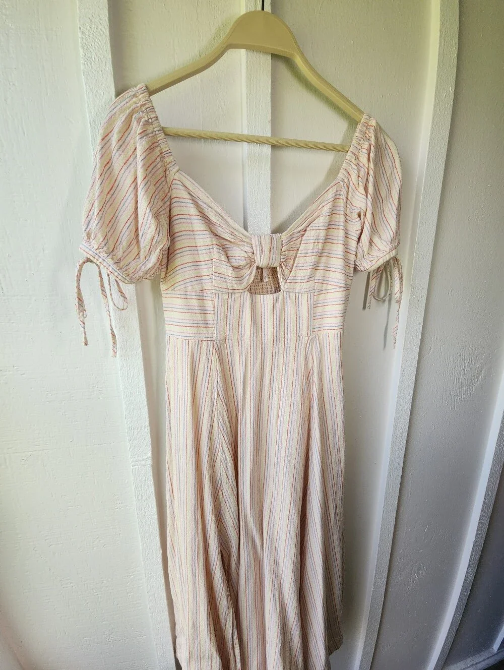 Free People Sunshine Eyes Linen Midi Dress Cream Stripe Puff-Sleeve Size XS